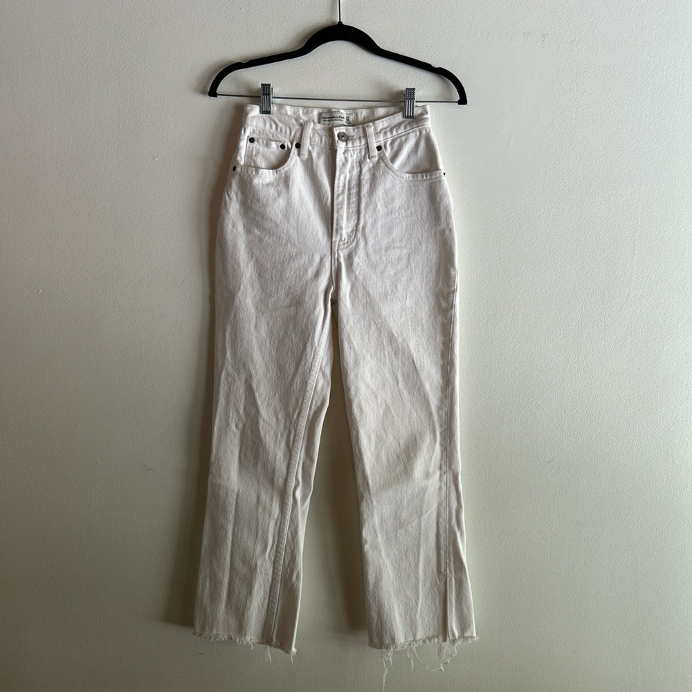 Abercrombie & Fitch ultra high rise kick flare white jeans with raw split hem